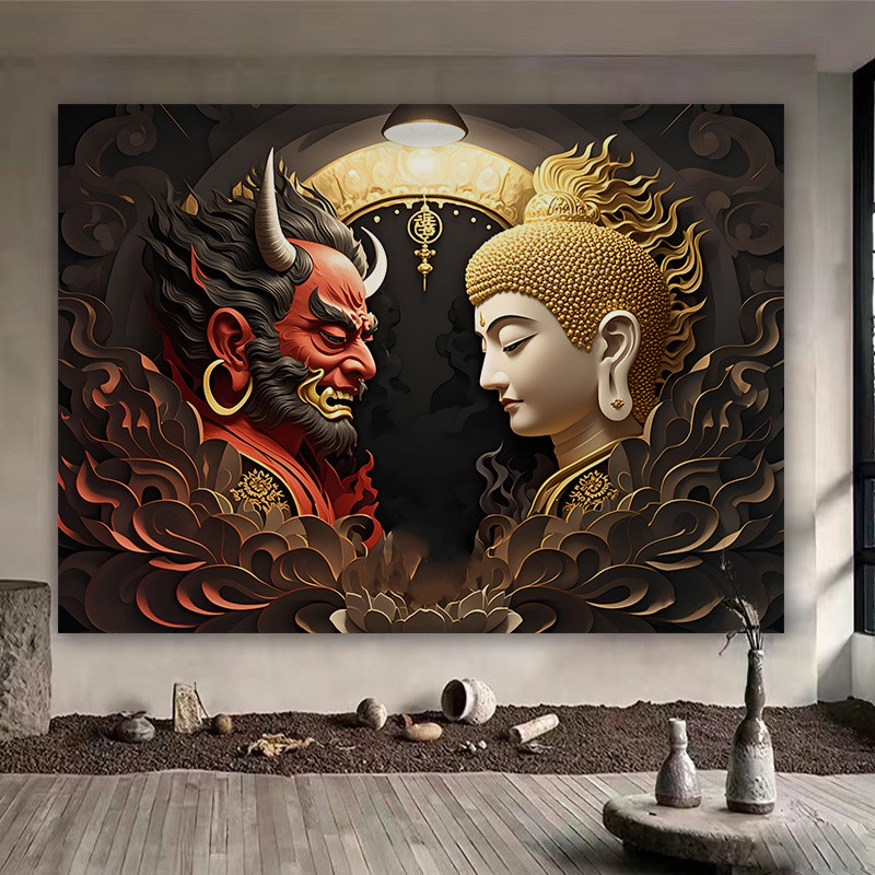 จัดส่งจากไทย) ผ้าแขวนบุคลิกภาพของ Agirl Demon และ Buddha ผ้าพื้นหลังศิลปะตกแต่งผ้าใบห้องนั่งเล่นการจัดวางข้างเตียง