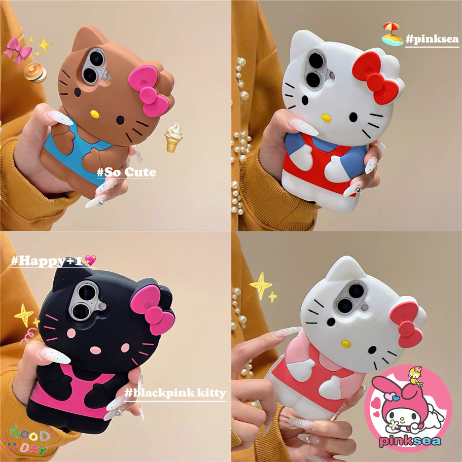 วันหยุดฮาวายน่ารัก KT Kitty เคสโทรศัพท์สําหรับ iPhone 16 15 14 13 12 11 Pro Max X Xr Xs Max Mini 3D Ins คลุมทั้งหมดซิลิโคนอ่อนนุ่ม Anti Fall ปลอก