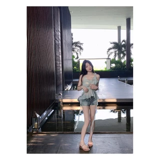Hot 'พร้อมส่ง' เสื้อสายเดี่ยวขอบบัวใบไม่สม่ำเสมอสีฟ้าแขนกุดเปิดกลับท็อปส์ FY3038
