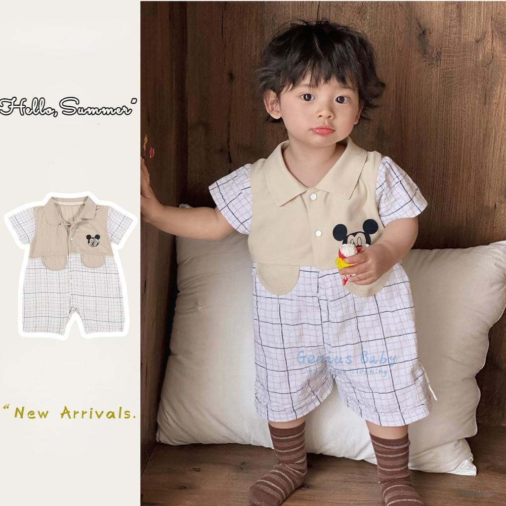 ฤดูร้อนใหม่เสื้อผ้าเด็กชายหญิงบางบอดี้สูทแขนสั้น 0-24 เดือนโปโลผ้าฝ้ายแท้สุดน่ารักการ์ตูนลายสก๊อต ชุดรอมเปอร์ สไตล์เกาหลี