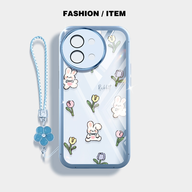 สําหรับvivo Y39 5G Y38 Y58 5G Y200 Pro Y300 Plusน่ารักกระต่ายดอกไม้โปร่งใสAnti Dropเคสโทรศัพท์ดอกไม้เชือกแขวน