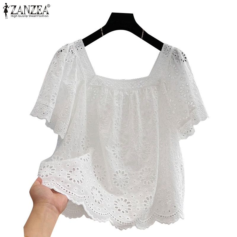 ZANZEA ซานเซีย ผู้หญิงเกาหลีลําลองคอสี่เหลี่ยมแขนสั้นโครงกระดูกเย็บปักถักร้อยเสื้อหลวม