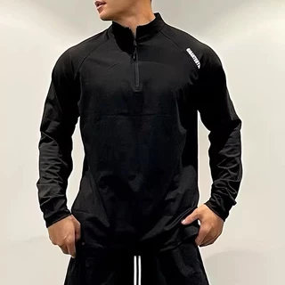 MANSTR ฤดูร้อนใหม่ผู้ชายสบายๆบางครึ่งซิปกีฬาเสื้อยืดสลิมฟิตวิ่งการฝึกอบรมฟุตบอลด้านบนแขนยาว ที