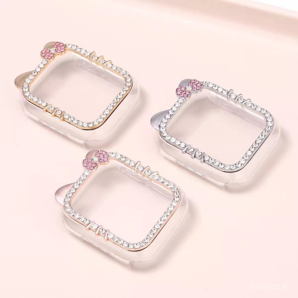 สายนาฬิกาเพชร Kitty น่ารักสำหรับ iWatch Series 9 8 7 6 5 4 3 2 1, se, SE2, Ultra, ultra 2 สายนาฬิกาทันสมัย 38mm 42mm 49mm 41mm 45mm 40mm 44mm สายนาฬิกาแบบห่วง