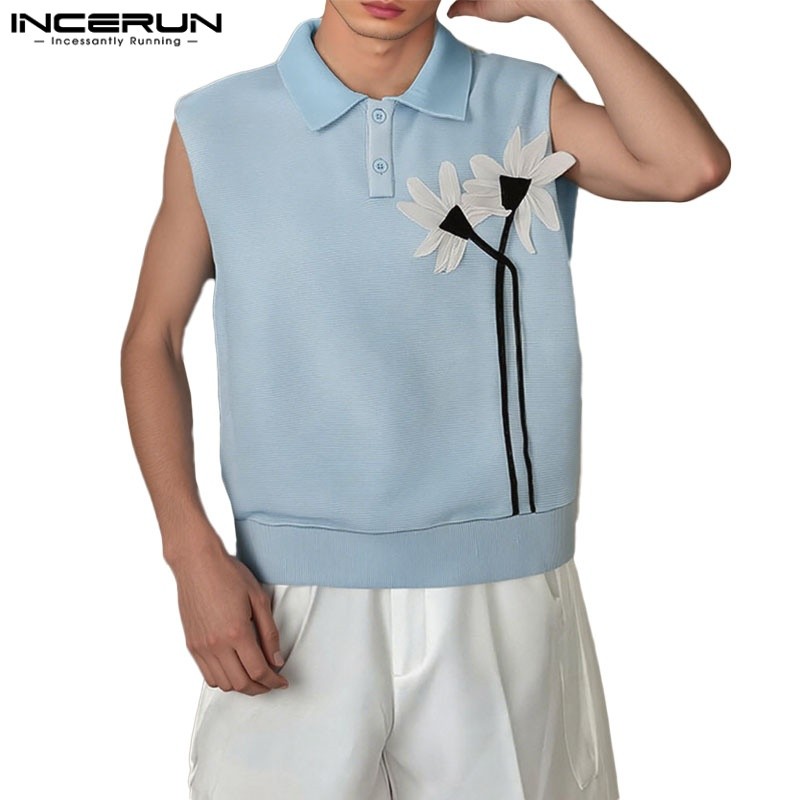Incerun ผู้ชายเกาหลีแฟชั่น Lapel 3D ดอกไม้ตกแต่งเสื้อแขนกุดครึ่งกระดุม