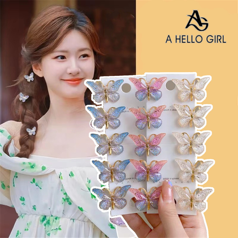 A HELLO GIRL กิ๊บติดผม ผีเสื้อ น่ารัก เจ้าหญิง ไล่โทนสี กิ๊บติดผม เครื่องประดับผม ปากเป็ดสามมิติ 5 ชิ้น / เซต