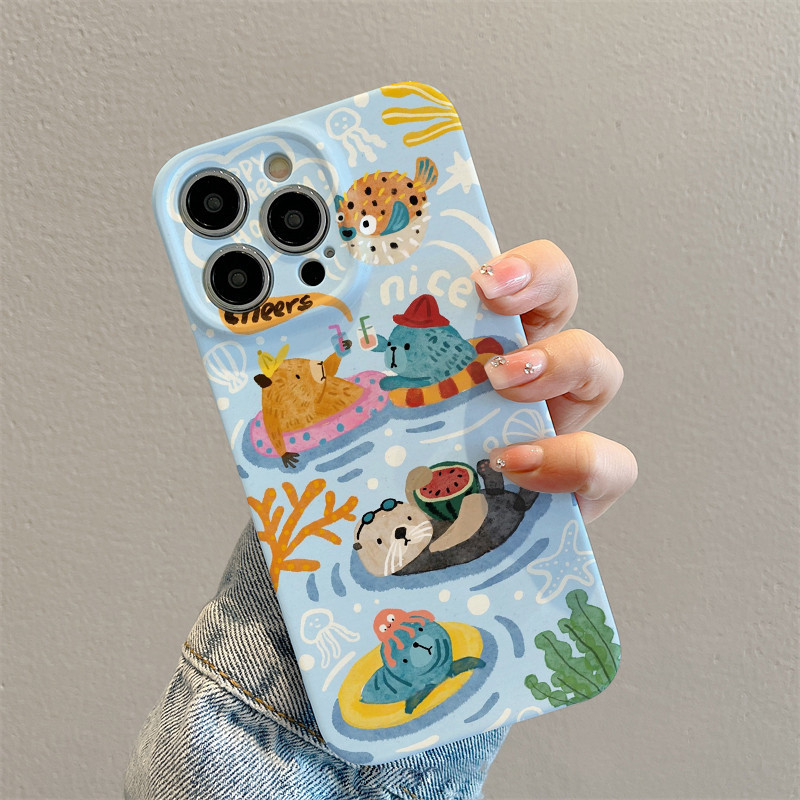 เคสโทรศัพท์มือถือแบบแข็ง กันกระแทก ลายการ์ตูนสิงโตทะเลน่ารัก สีฟ้า สําหรับ iPhone รุ่นใหม่ล่าสุด PC เคสกันกระแทก รุ่น 15/14 Pro Max 13/12/11 pro/11/XS Max/XR/X|8/ 7 Plus