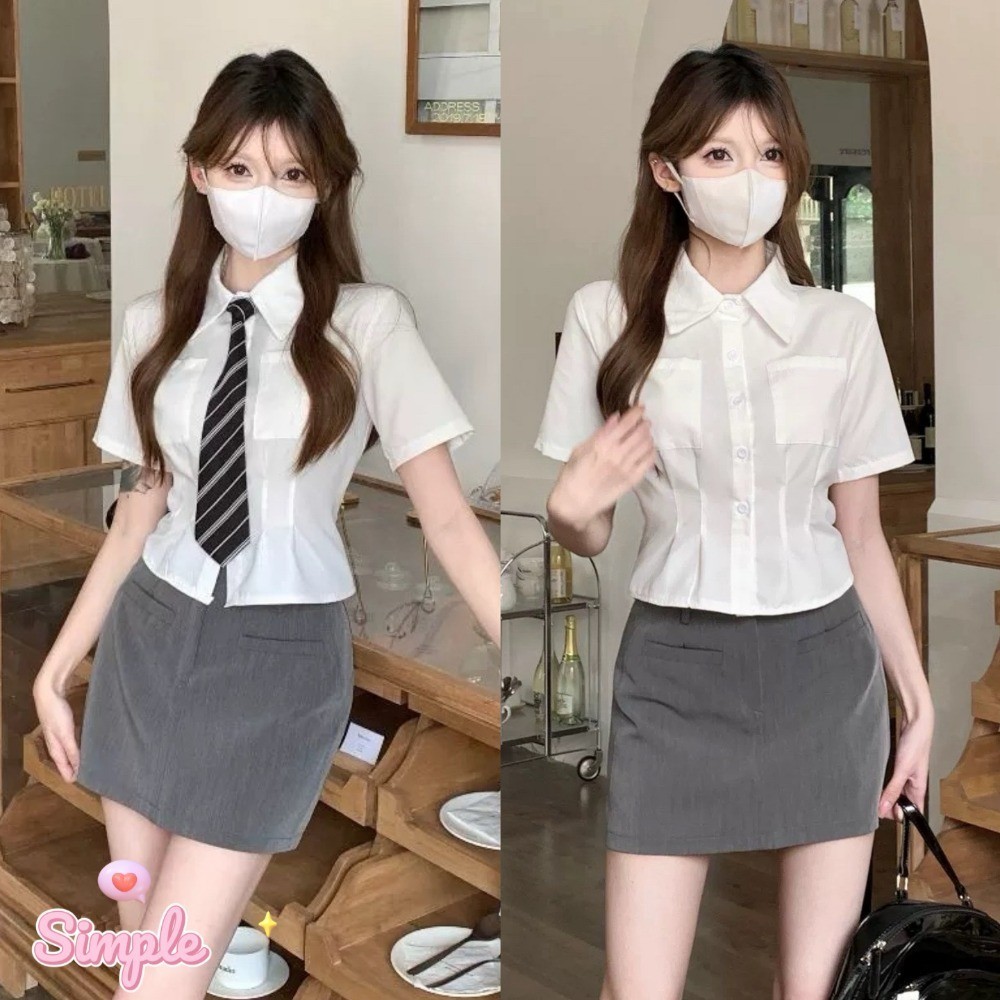 SimpleStore จัดส่งในกรุงเทพฯ ฤดูร้อนสีขาวบริสุทธิ์วิทยาลัยลมเสื้อยืดแขนสั้น เสื้อเชิ้ตแขนสั้นสไตล์เกาหลี 001