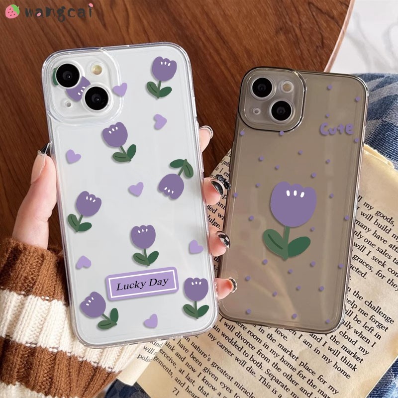เคสโทรศัพท์มือถือ ซิลิโคนนุ่ม ใส ลายดอกทิวลิป สีม่วง สีดํา เรียบง่าย สําหรับ Vivo V30 V29 V27 V25 V23 V20 Pro V27e V23e V21 V21s V21e V17 Neo V15