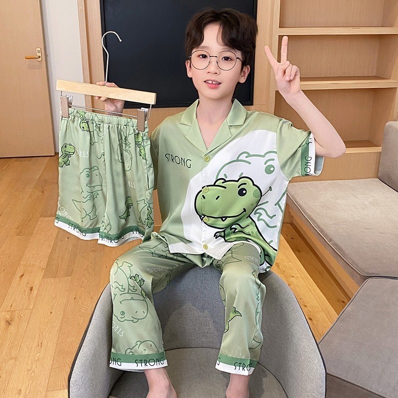 ชุดนอนเด็ก ชุดนอนผ้าไหมญี่ปุ่น เย็นนุ่มใส่สบาย ไดโนเสาร์ เขียวขาว