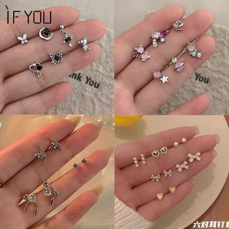 Ifyou ชุดต่างหูสตั๊ด รูปผีเสื้อ ประดับคริสตัล สีเงิน เครื่องประดับ 6 ชิ้น ต่อชุด