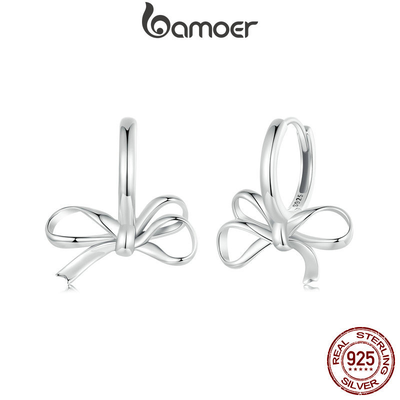 Bamoer ต่างหูห่วงเงินแท้ 925 ประดับโบว์น่ารัก เครื่องประดับ สําหรับผู้หญิง นักเรียน