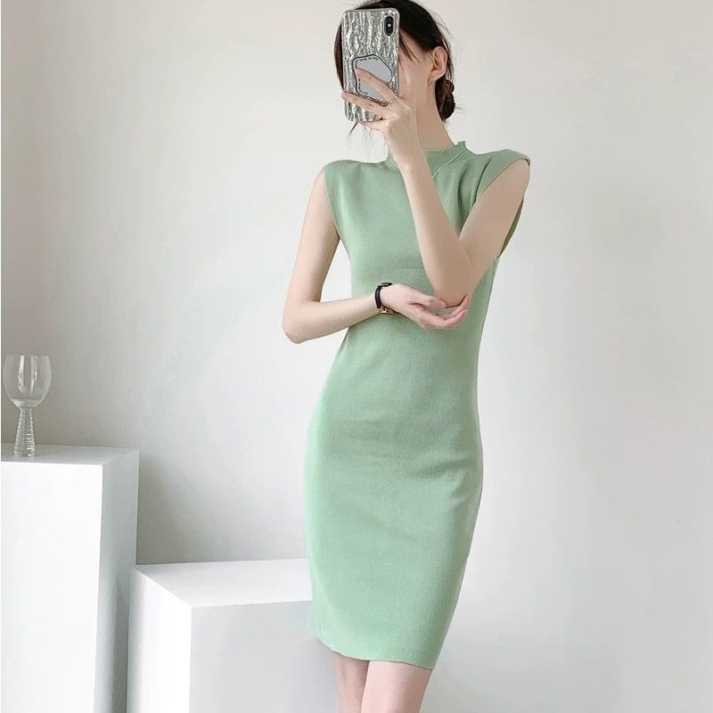 Summer dress, new style, semi-high collar, elastic women's slim short sleeve, ice silk knitted hip skirt