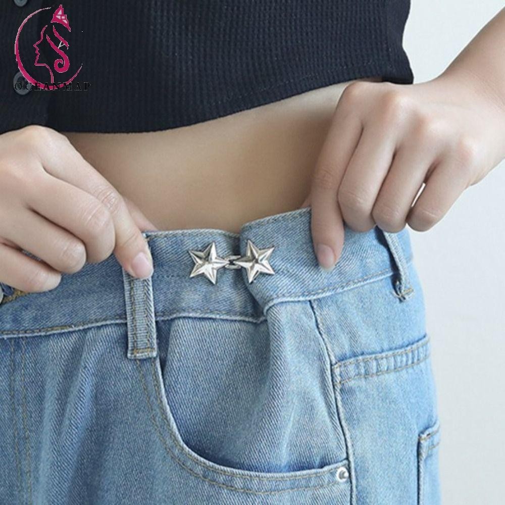 Oceanmap Jean Fit กระชับหัวเข ็ มขัด , เอวหัวเข ็ มขัดปรับ Star กางเกงปุ ่ ม Tightener, ประณีตเอวคลิปสีดําเงิน Jean ปุ ่ มสําหรับกางเกงยีนส ์ หลวมกางเกงยีนส ์