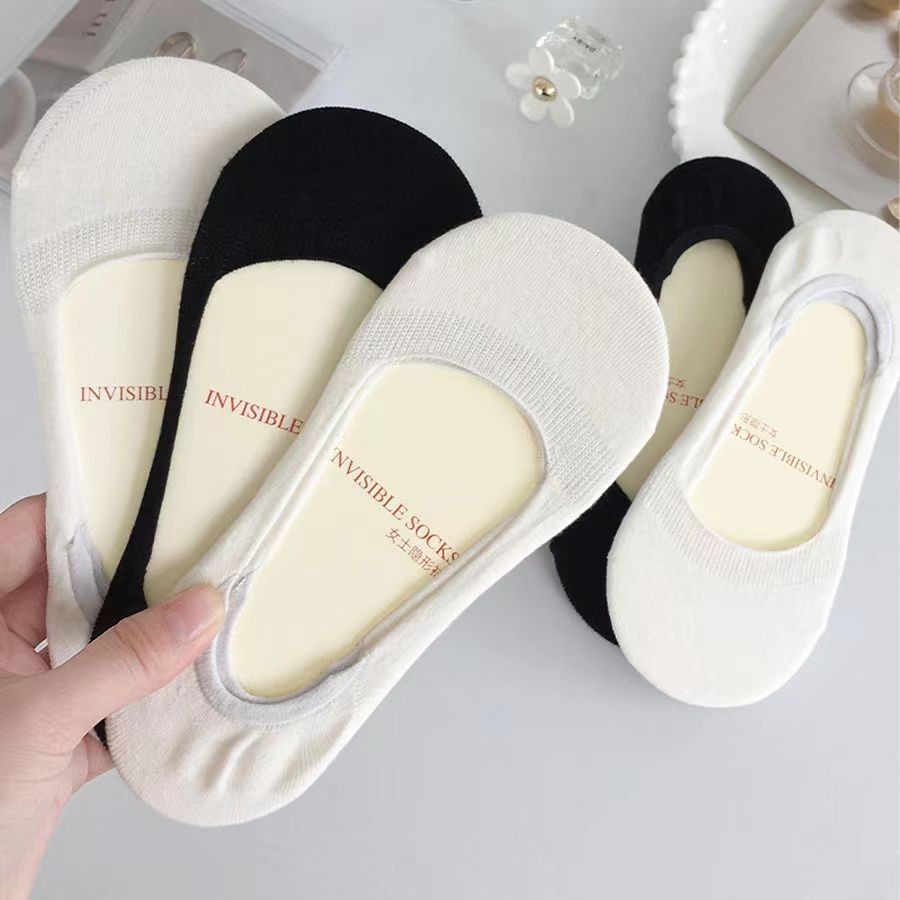 ถุงเท ้ าผู ้ หญิงฤดูร ้ อนบางสไตล ์ ถุงเท ้ าเรือ Anti-Slip Non-Drop Heel ถุงเท ้ าที ่ มองไม ่ เห ็ นถุงเท ้ า Breathable สีดําสีขาว All-Ma