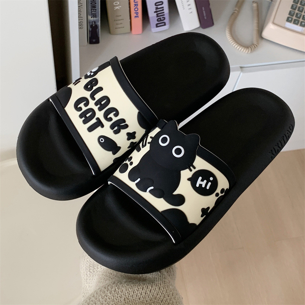 Xitiao Flip-Flops ตลกสาวหัวใจน่ารักแมวสีดําในร่มหญิงฤดูร้อนแฟชั่นที่ไม่ซ้ํากันสร้างสรรค์สไตล์ใหม่