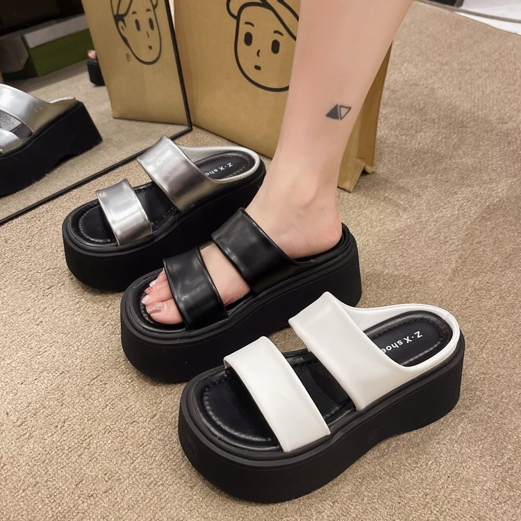 สไตล์เกาหลีรอบ Toe T-Shaped รองเท้าแตะรองเท้าส้นสูงแพลตฟอร์ม PU สีทึบแฟชั่นสุภาพสตรีทุกวันเพิ่ม Niche Anti-Slip สวมใส่ @