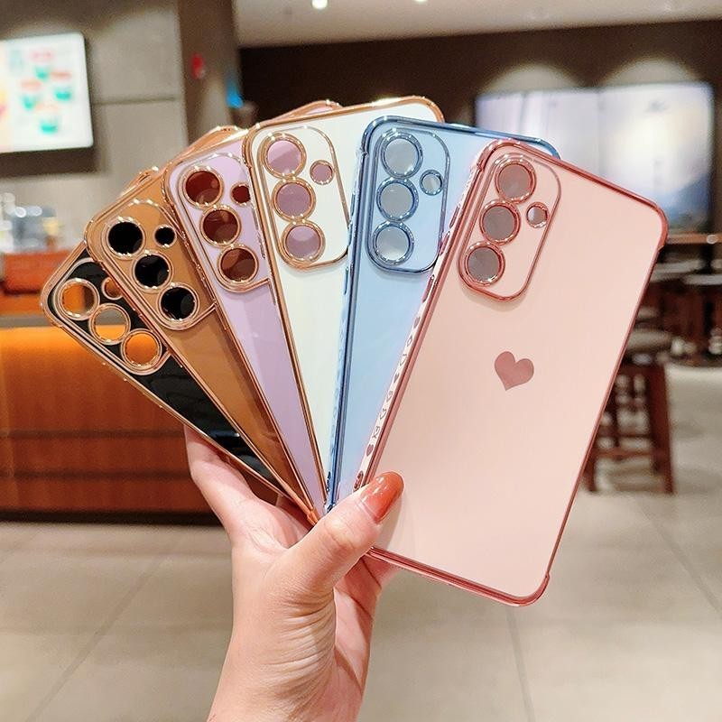 Love Heart ด้านข้างชุบสําหรับ Samsung Galaxy A54 A34 A53 A52 A13 A14 A33 A55 A04S A24 A35 A23 A15 A25 A12 A52S Golden กรอบ Tpu เคสโทรศัพท์ฝาครอบ