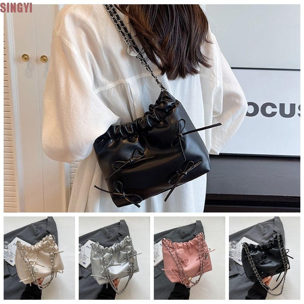 Singyi Bowknot Bucket Bag, Chain PU Leather Bow Tote Bag, Simple Pleated Korean Style Shoulder Bag Bow Crossbody Bag Travel