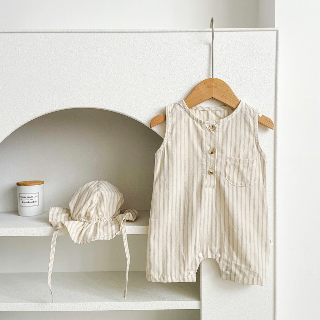 สไตล ์ เกาหลีทารกแรกเกิดบอดี ้ สูทลายแขนกุดชุดรอมเปอร ์ เด ็ กพร ้ อมหมวกสองชิ ้ น 0-24 เดือนทารก Onesie