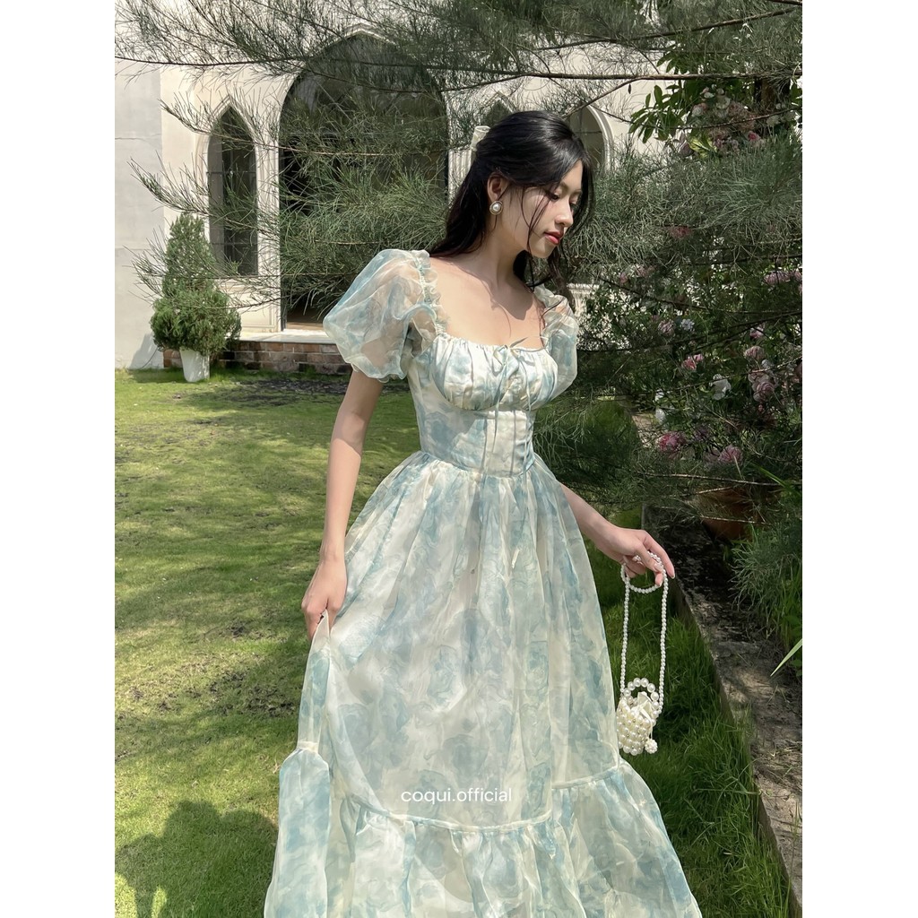 Mint DRESS พัฟแขนดอกไม้ผ้าไหมเจ้าหญิง DRESS - COQUI