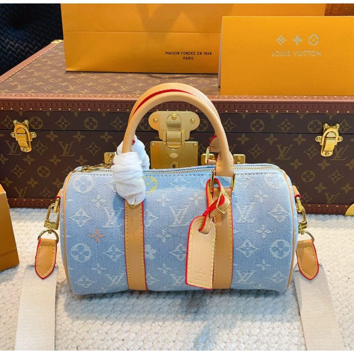 (กล่องของขวัญ] Lv กระเป๋าหมอนยีนส์ปัก Speedy nano mini tote กระเป๋าสะพายผู้หญิงสุดหรู