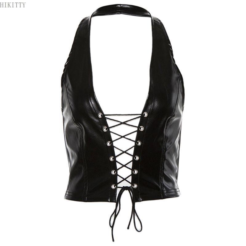 Hik ผู้หญิง Punk แขนกุด Crop Top Halter V คอ Backless Hollow เสื้อกั๊กหนัง Faux สําหรับ Cross Lace-Up Party Clubw