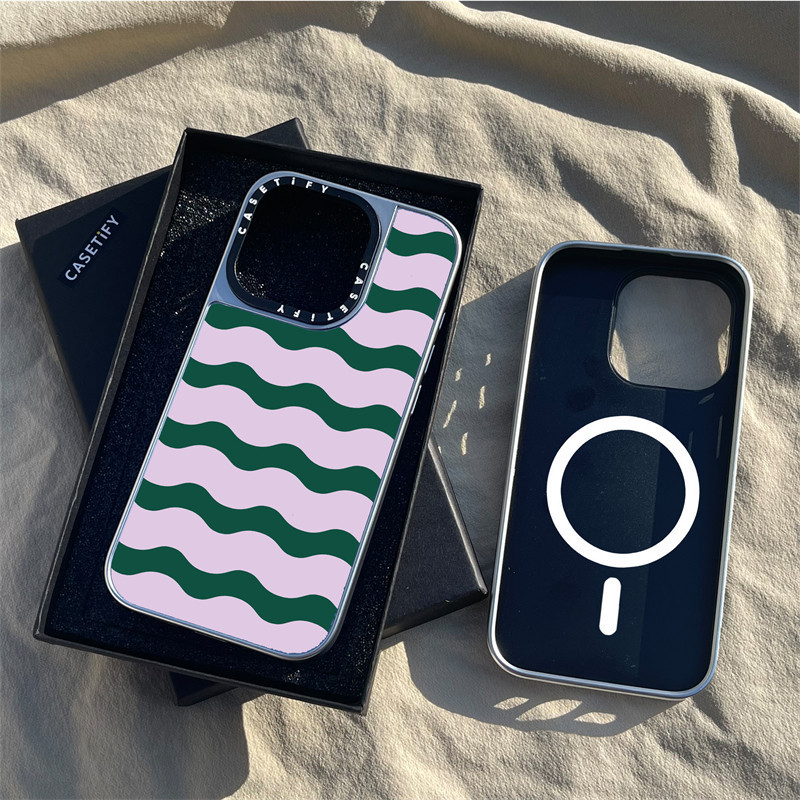 Casetify X คลื่นสีเขียวแม่เหล็กดูด Matte Black & Silver ปลอกไฟฟ้า Apple IPhone 15 14 13 12 Pro Max Hard Back Case Cover พร้อมกล่องแกะสลักโลโก้