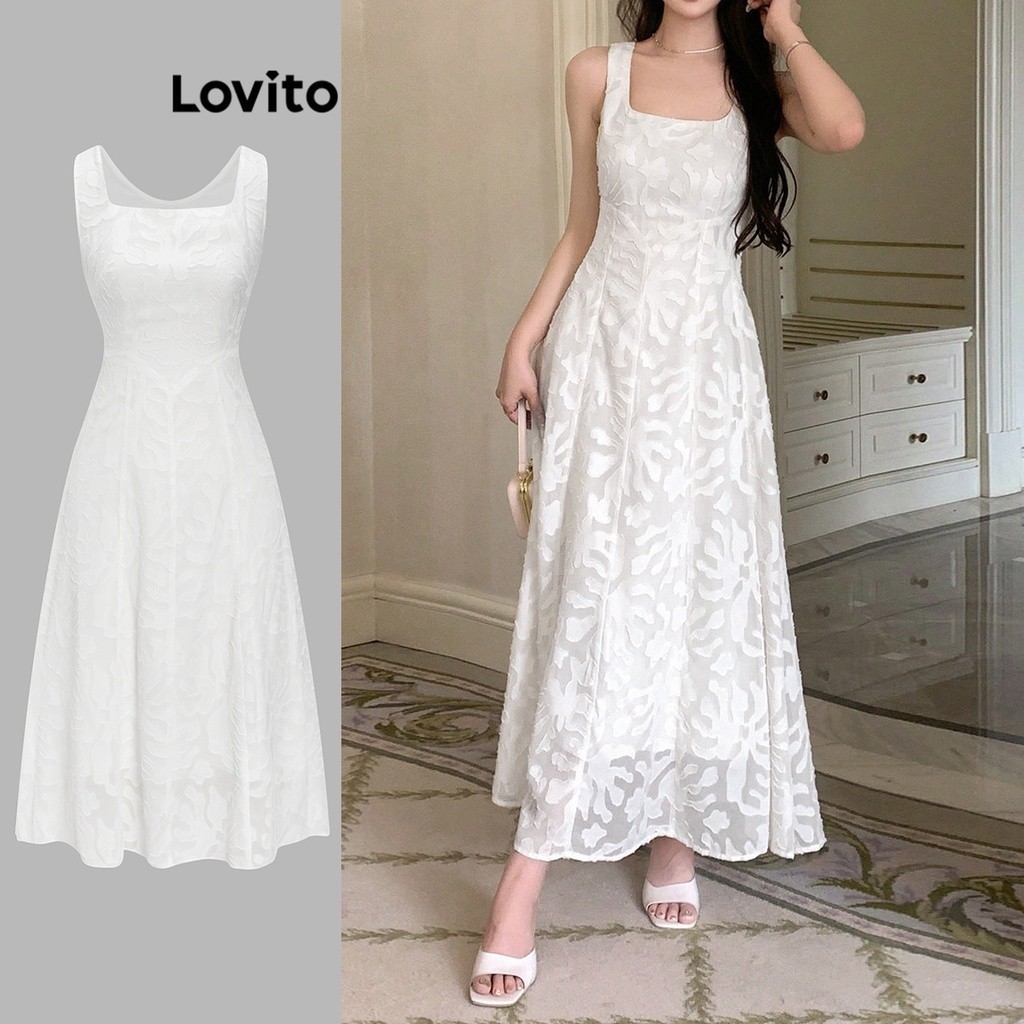 Lovito ชุดเดรสผู้หญิง ผ้าสองชั้น ลายดอกไม้ดิสซี่ สไตล์ลำลอง L65ED124 (สีขาว)