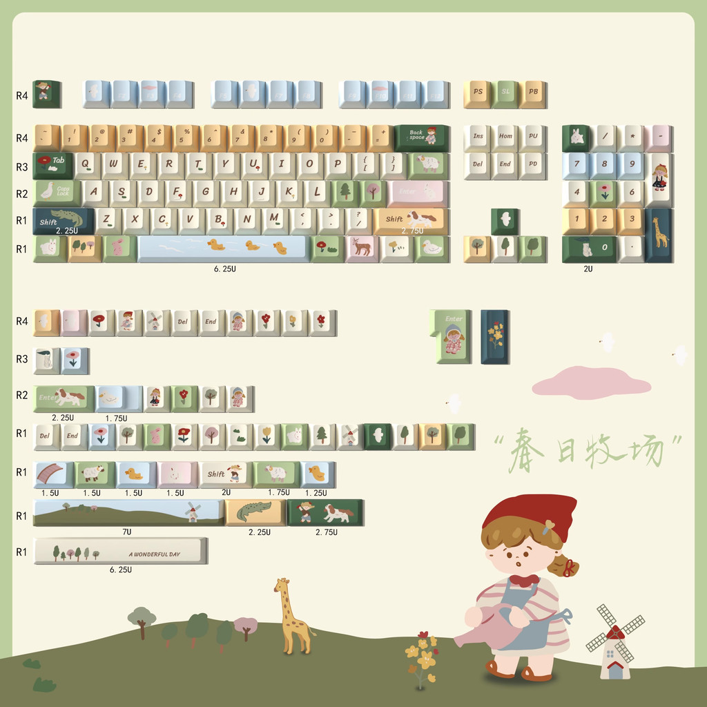 152 คีย์ฤดูใบไม้ผลิ Ranch น่ารัก PBT Keycaps 1.7 มม.ความหนาโปรไฟล์เชอร์รี่สําหรับคีย์บอร์ด MX สวิทช์ Wooting AULA Alice 7u space bar spilt space