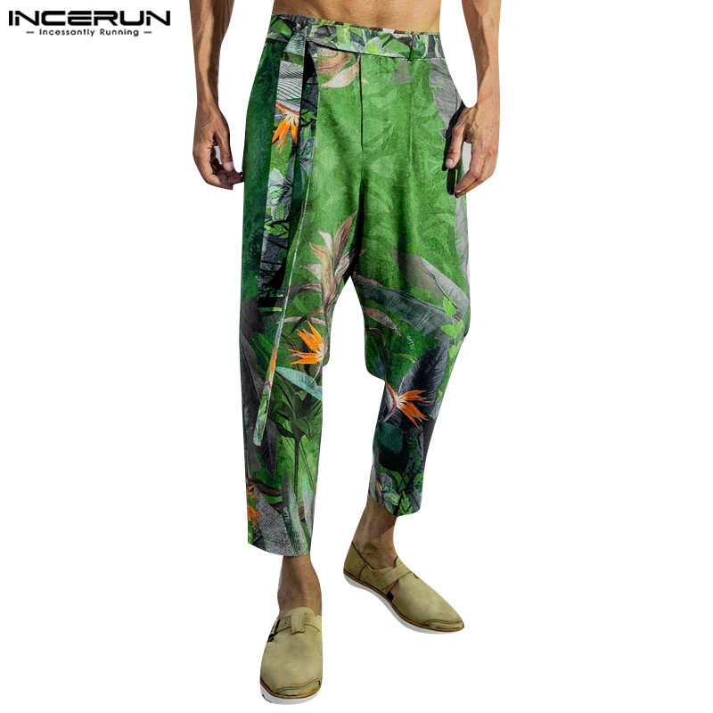 Incerun Men Vintage Fashion Floral Print Pockets กางเกงจีบหลวม