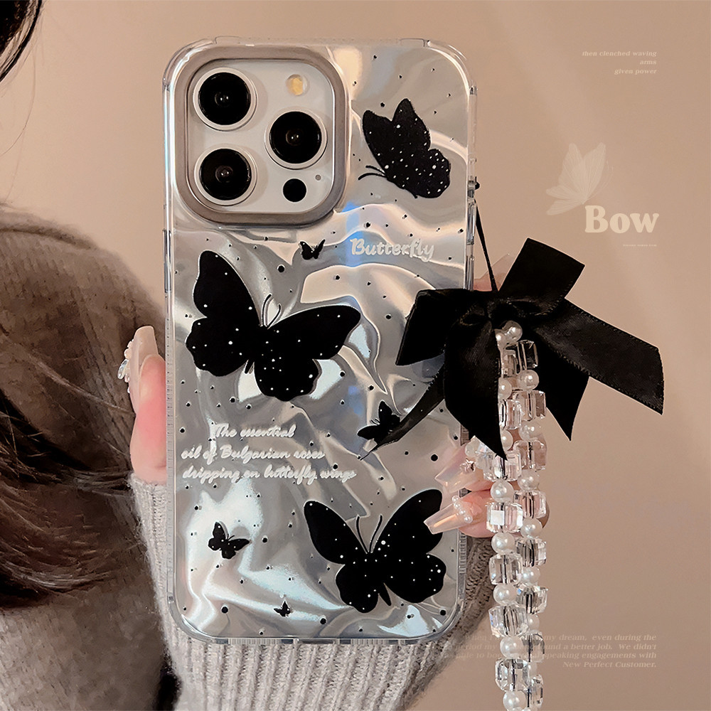 เคส IPhone Thicken IMD Hard Case IPhone 14 Pro Max เกาหลี Retro ผีเสื้อ Bow Knot สายรัดข้อมือสร้อยข้อมือกล้องสําหรับ IPhone 15 14 13 12 Pro Max 15 14 Plus