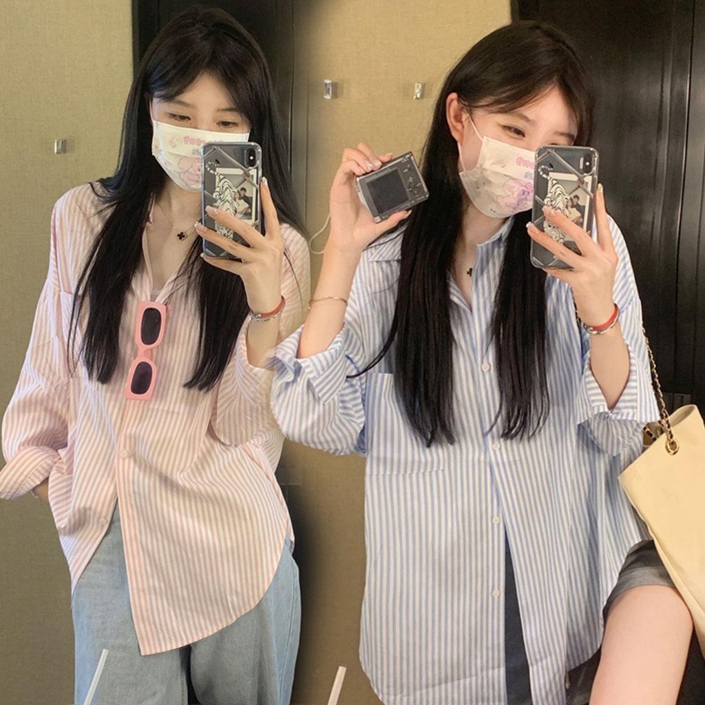 MIMI&DIDI#เสื้อแขนยาวแฟชั่นผู้หญิง ปกโปโล เสื้อเชิ้ตลายทางสีน้ำเงินคอตั้ง กันแดด หลวม สไตล์เกาหลี 2สีW399
