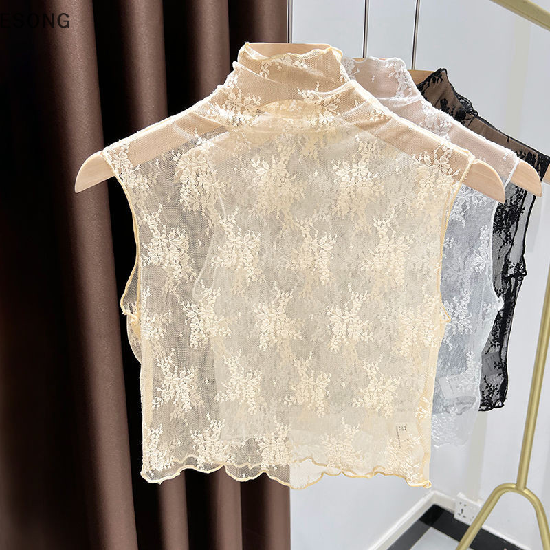 Esong ฤดูร้อนผู้หญิงเกาหลีครึ่งคอเต่าแขนกุด Hollow Out Lace Camisole th