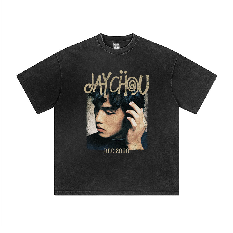 Jay Chou JAY เสื้อยืดแขนสั้นพิมพ์ลายอเมริกันย้อนยุคสำหรับผู้ชายและผู้หญิง