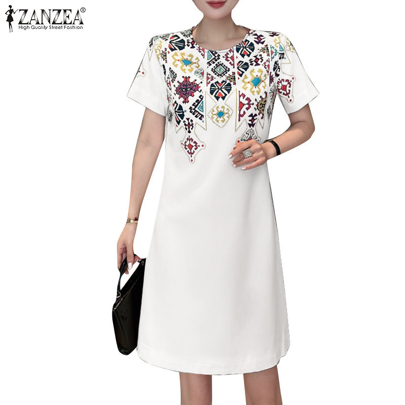 ZANZEA ซานเซีย ผู้หญิงแฟชั่นเกาหลี โอ-คอเข่าความยาวดอกไม้แขนสั้นซิปชุดเอว