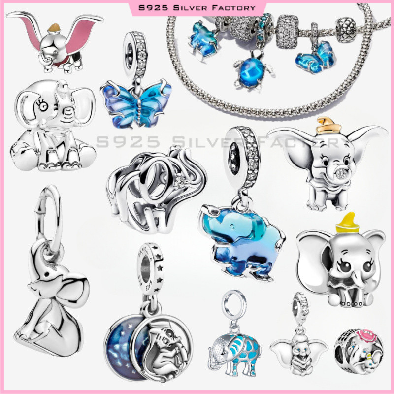 Openwork Elephant Blue Murano Glass Butterfly Dangle Charm ลูกปัดเงินแท้ 925 100% เหมาะสําหรับผู้หญิง เข้ากันได้กับสร้อยข้อมือเดิม ค้ําจี้เครื่องประดับแฮนด์เมด