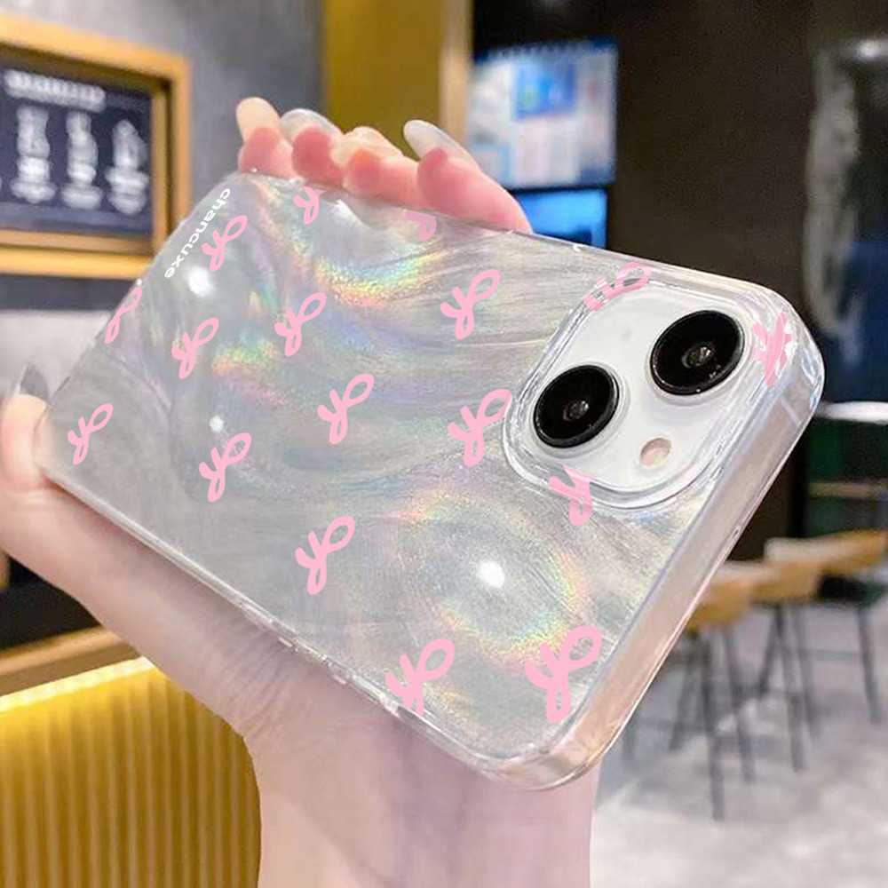 เคสผีเสื้อสีชมพู สำหรับ iPhone 11 14 13 12 Pro Max 15 16 Plus เคส ไอโฟน ขนนกสีเงินหรูหราโฮโลแกรมเลเซอร์เคสใส อ่อนนุ่ม