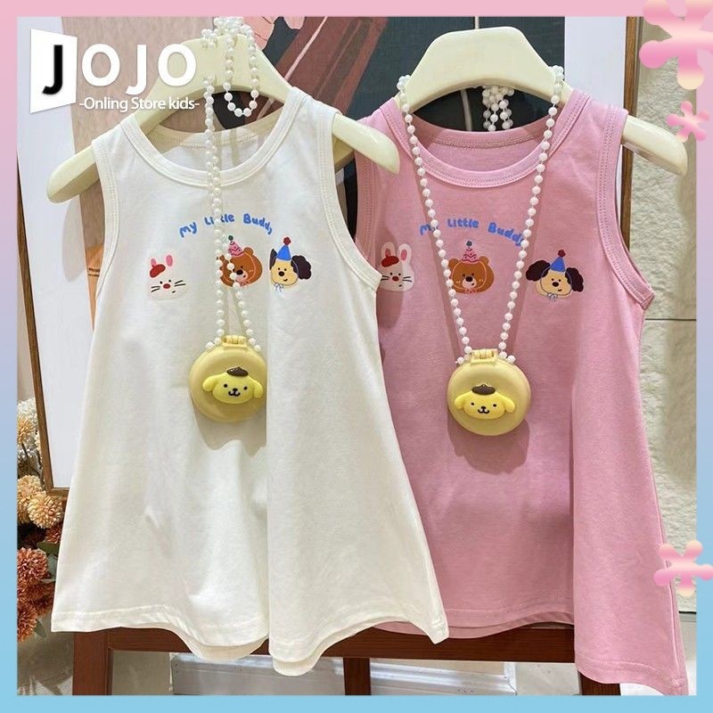 Girls' Korean-Style Fashionable Cartoon Printed Sleeveless Vest Dress Summer New Sweet Mid-LengthTT-shirt Skirt Fashion