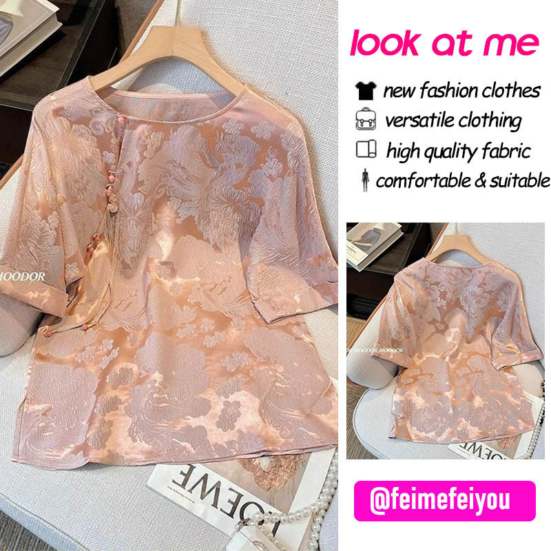 ใหม่แนวทแยง Placket ผู้หญิงเสื้อจีน Vintage นูนซาตินบางผู้หญิงครึ่งแขนสีชมพู Tops เสื้อ