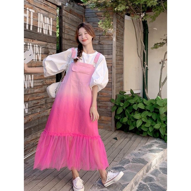 New Puff Sleeve Top Pink Mesh Stitching Gradient Denim Suspender Skirt Two-Piece Dress Sweet Fairy Dress Suit