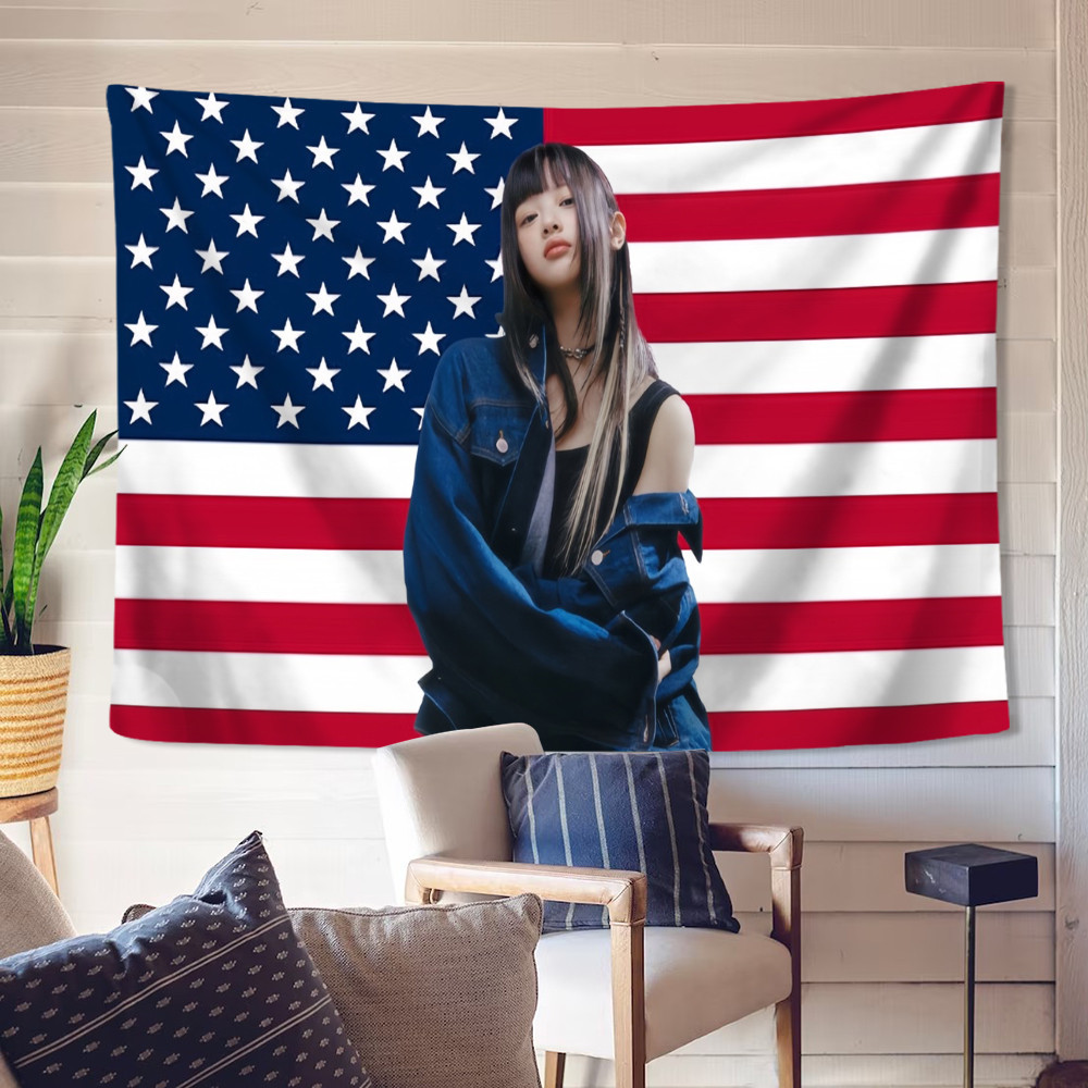Newjeans Hanni American Flag Wall Tapestry พร้อมคลิปโพลีเอสเตอร์ Tapestries ห้องนอนแขวนผนัง Tapestry ตกแต่งบ้าน