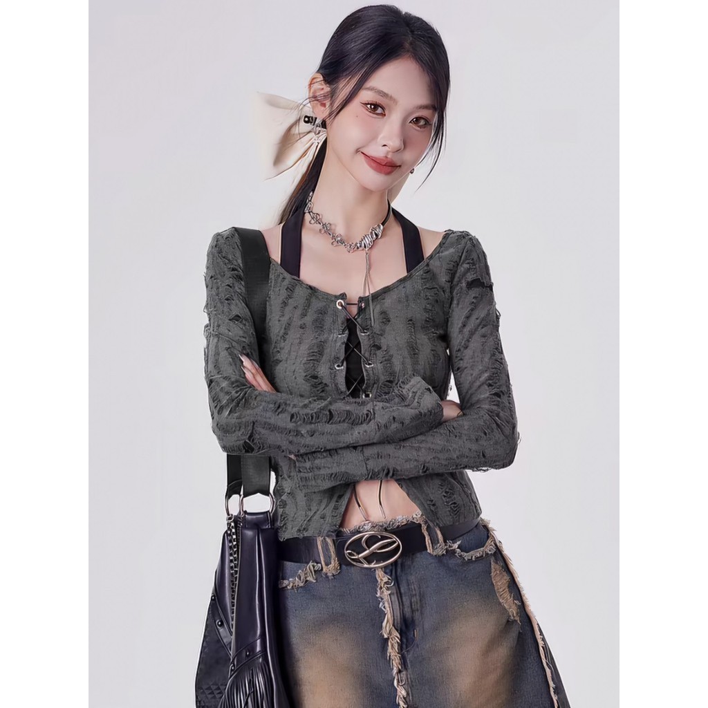 L.A Shop​-​พร้อมส่ง เซ็ต คล้องคอ+เสื้อไหมพรมแขนยาว ดีเทล ร้อยเชือกเก๋ สีเทาอ่อนๆ 