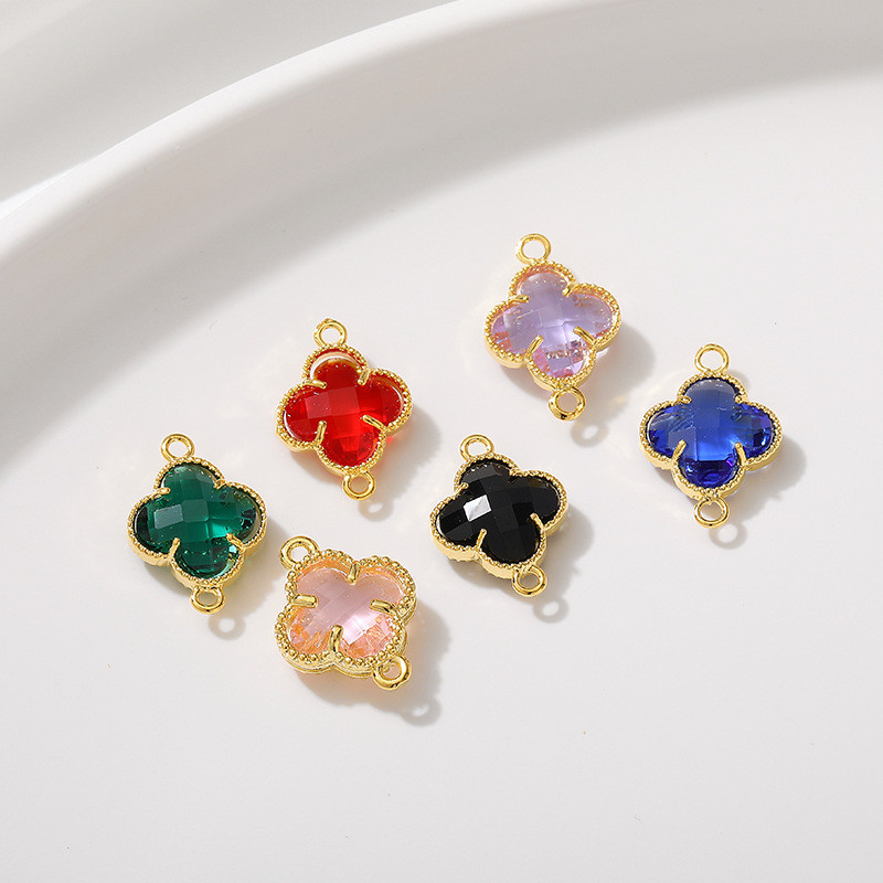 18K ทองเคลือบสีคริสตัลเพทายขอบโคลเวอร์สี่แฉกสองรูจี้สร้อยข้อมือ DIY แฮนด์เมดสร้อยคอวัสดุเครื่องประดั