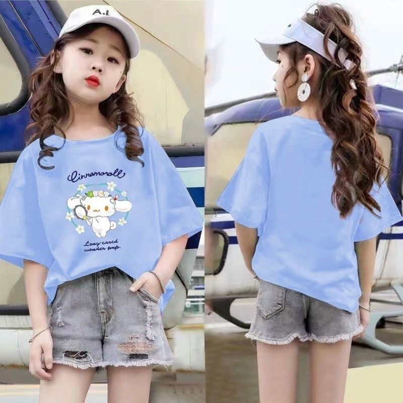 [จินโบ] 100 ~ 160 อบเชยสุนัขสาวแขนสั้นเสื้อยืดฤดูร้อนหลวมการ์ตูนพิมพ์หวานกลางเด็กใหญ่ด้านบนฐาน123456789เสื้อผ้าเด็ก เด็ก