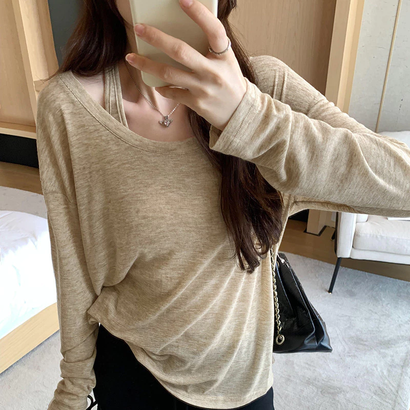 Suxi Minimalist Halter 2 ชิ้นชุดเสื้อยืดแขนยาวครีมกันแดดเสื้อหลวม 240703