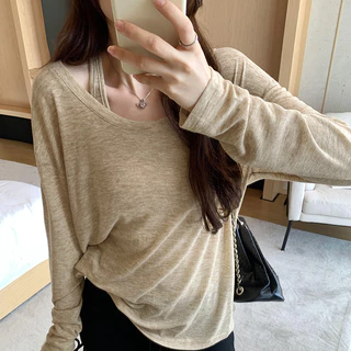 Suxi Minimalist Halter 2 ชิ้นชุดเสื้อยืดแขนยาวครีมกันแดดเสื้อหลวม 240703