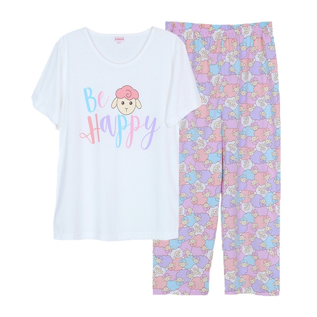 Josilins ชุดนอน ชุดอยู่บ้าน ผู้หญิง เสื้อสกรีนลาย คอกลม แขนสั้น ขายาว ผ้ายืด คละสี คละลาย NEW14