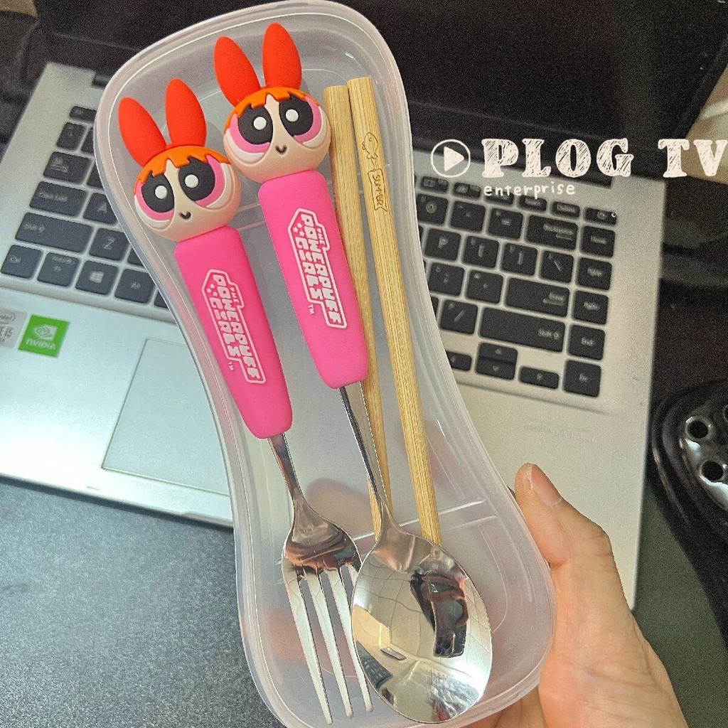 ชุดช้อนส้อม Powerpuff Girls น่ารัก ชุดตะเกียบเด็ก สแตนเลส 304 ช้อน ส้อม ครัวเรือน นักเรียน การ์ตูน LWZQ