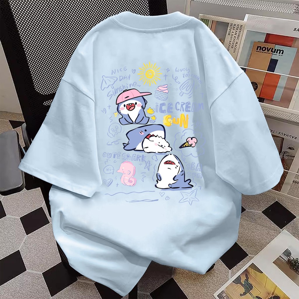 UT shop เสื้อยืดOversize "Shark" t shirt cotton100% เสื้อยืดแขนสั้น น่ารัก พิมพ์ลาย ทรงหลวม แฟชั่นเกาหลีV2025
